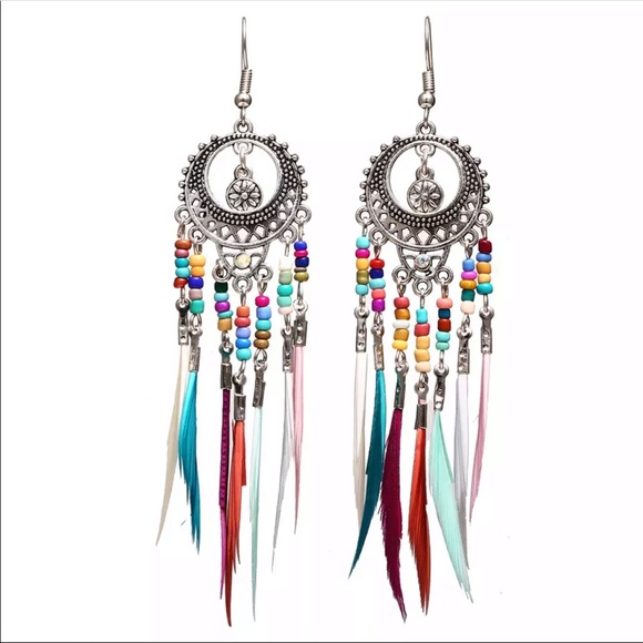 Jewelry - Silver ethnic rainbow beads feather earrings